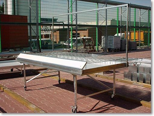 verzinkter Blumenverkaufstisch mit Aluminiumwanne und Gitterrahmen für Clematis und Auszeichnungsrahmen